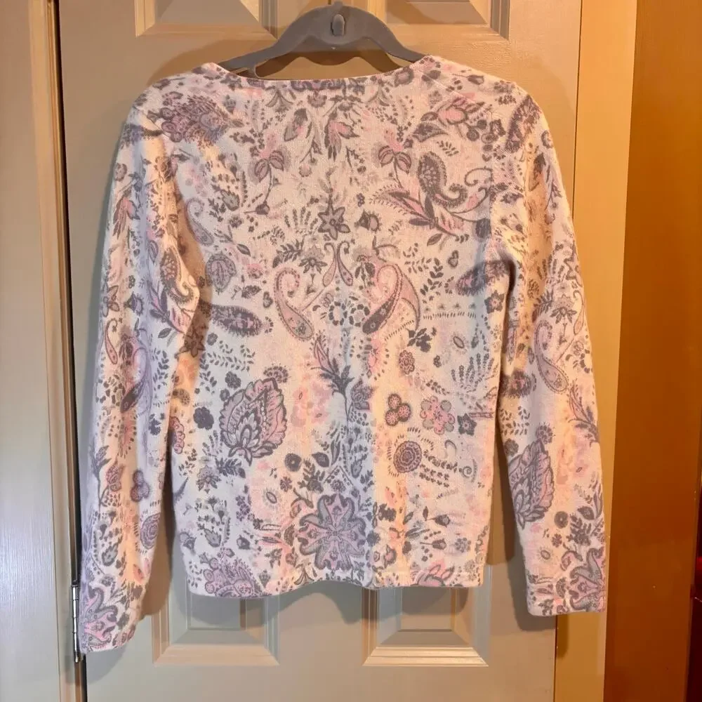 Charter Club 2 Ply Cashmere Pink/Gray Paisley Women's V Neck Sweater Sz Medium - Picture 5 of 7